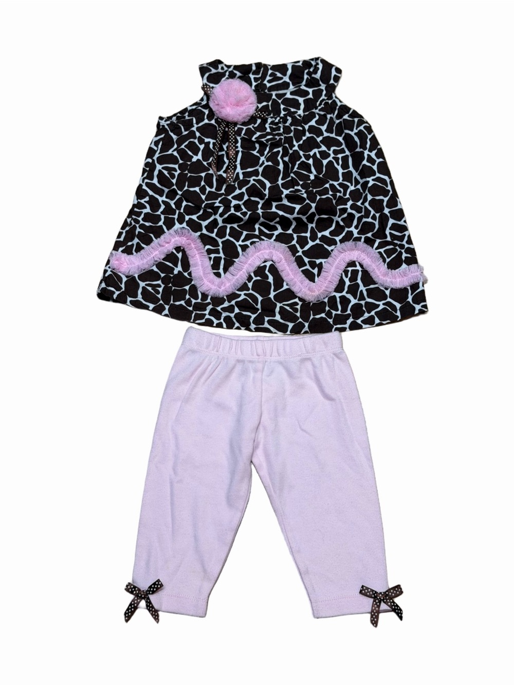 Rare Too Girls 2T Giraffe Print Pink Pom Pom Fuzzy Trim Tunic Leggings 2pc set